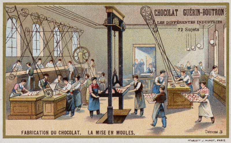 Výroba čokolády. Vkládání čokolády do formiček (chromolitho) od French School