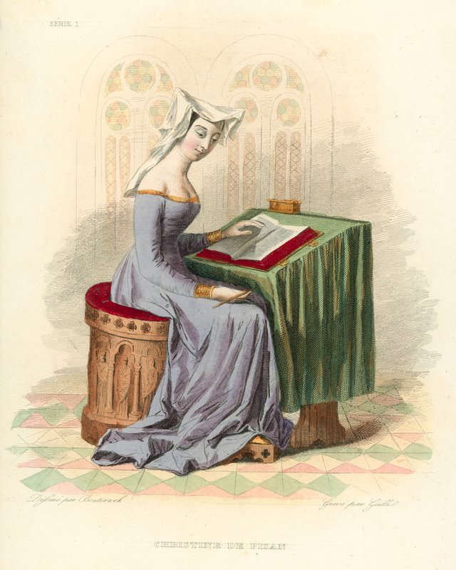 Christine de Pisan (barevná rytina) od French School
