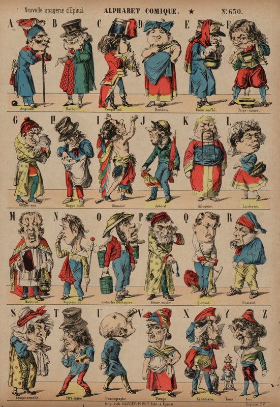 Komiksová abeceda (barevná rytina) od French School