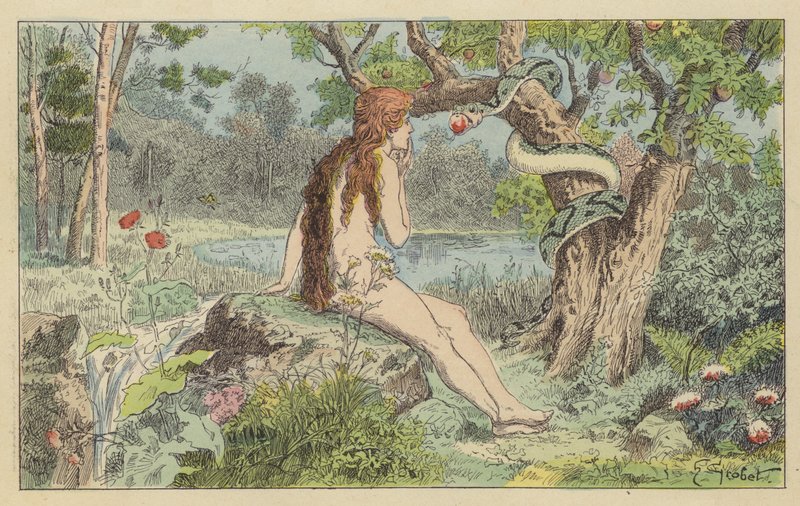 Eva pokoušena hadem (barva lito) od French School