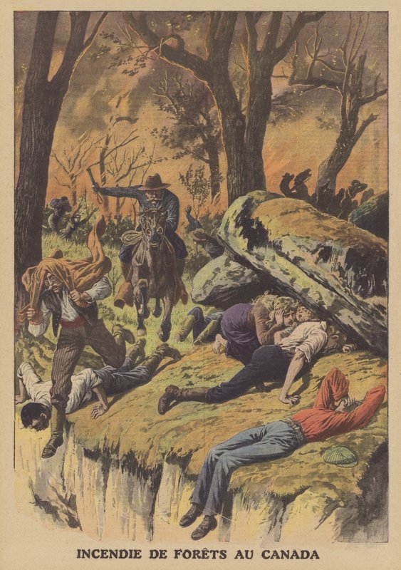 Lesní požár v Kanadě (barva litho) od French School