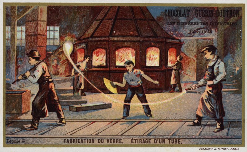 Výroba skla. Vytažení trubky (chromolitho) od French School