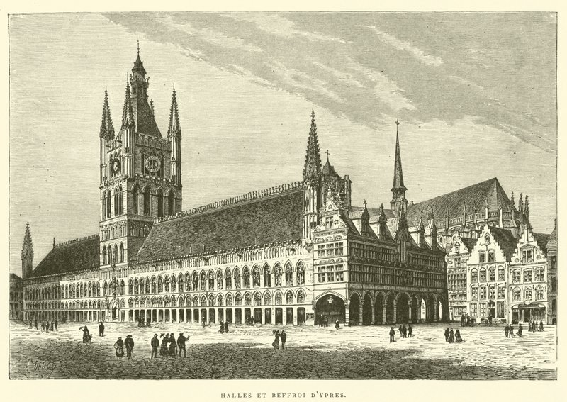 Halls and Belfry of Ypres (rytina) od French School