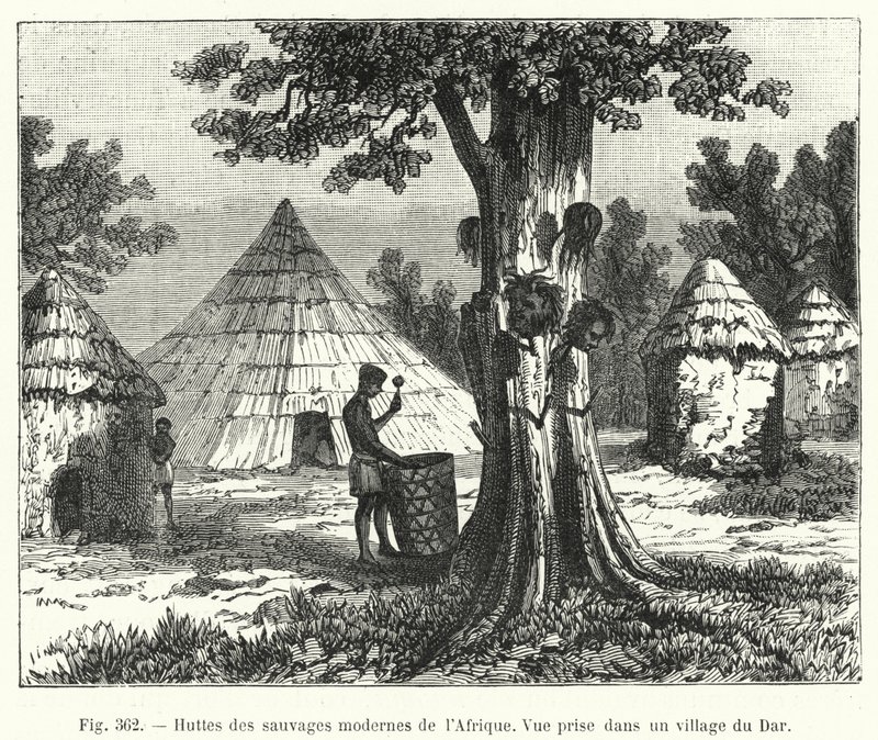 Chatrče moderních divochů Afriky (rytina) od French School