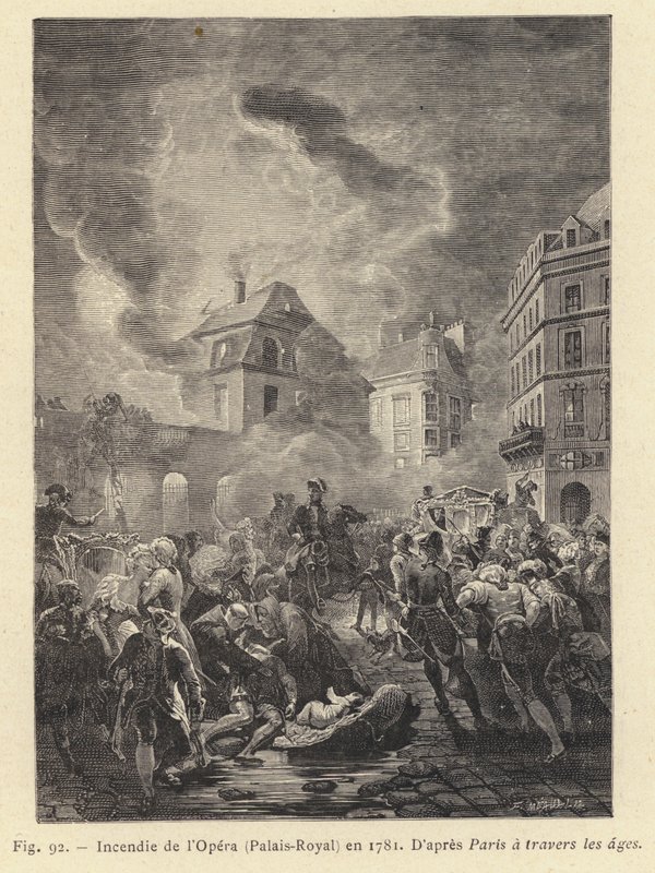 Požár v opeře, Palais-Royal, v roce 1781 (rytina) od French School