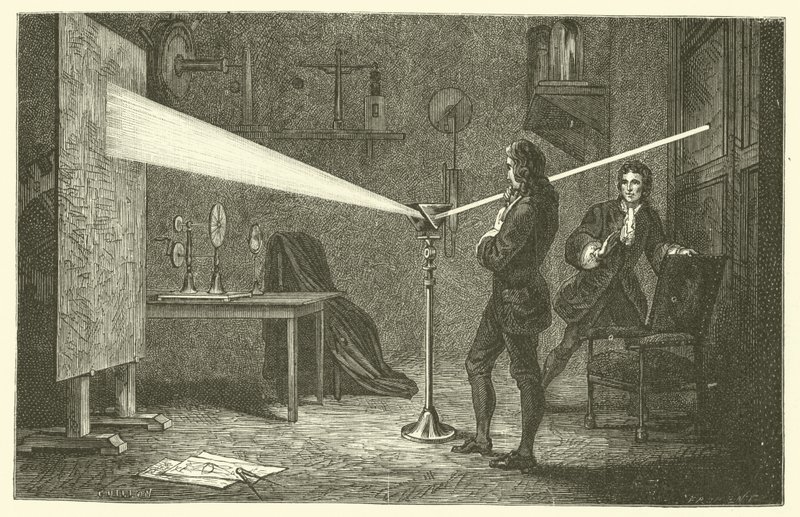 Isaac Newton rozkládá světlo (rytina) od French School