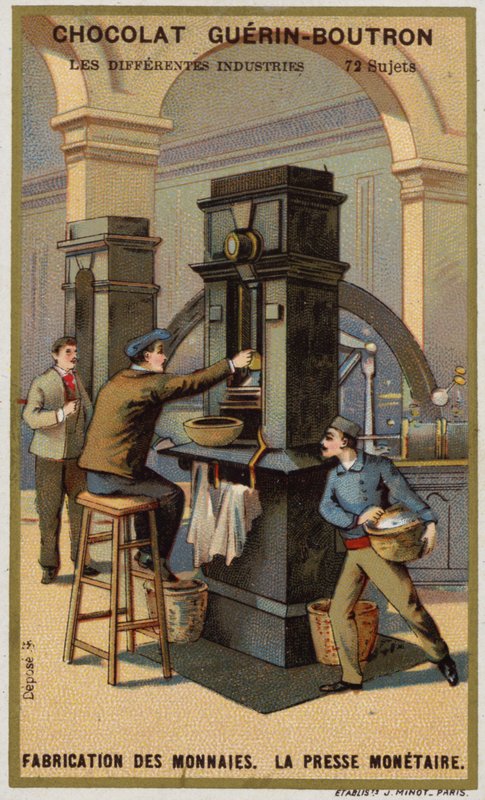 Výroba mincí. Lis na mince (chromolitho) od French School