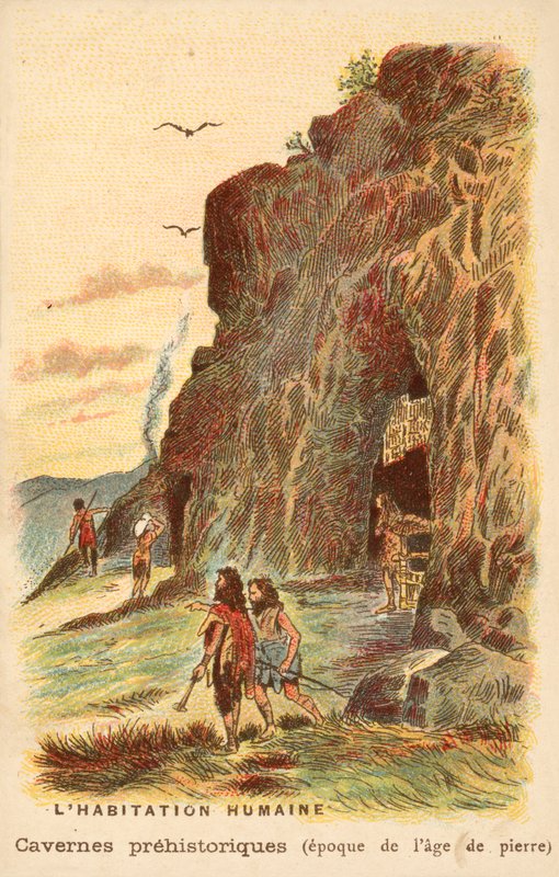 Obyvatelé jeskyní z doby kamenné (chromolitho) od French School