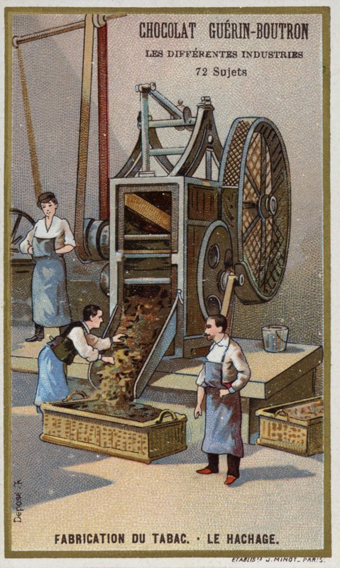 Výroba tabáku. Drcení listů (chromolitho) od French School
