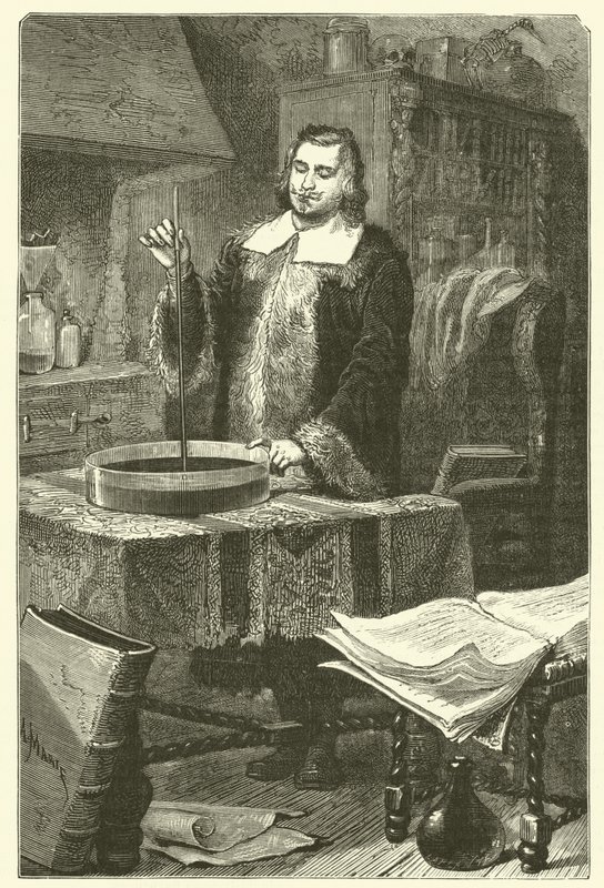 Torricelli vynalezl barometr (rytina) od French School
