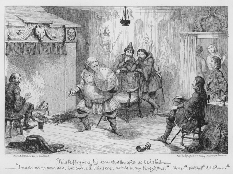 Falstaff podává svůj popis aféry v Gadshillu od George Cruikshank