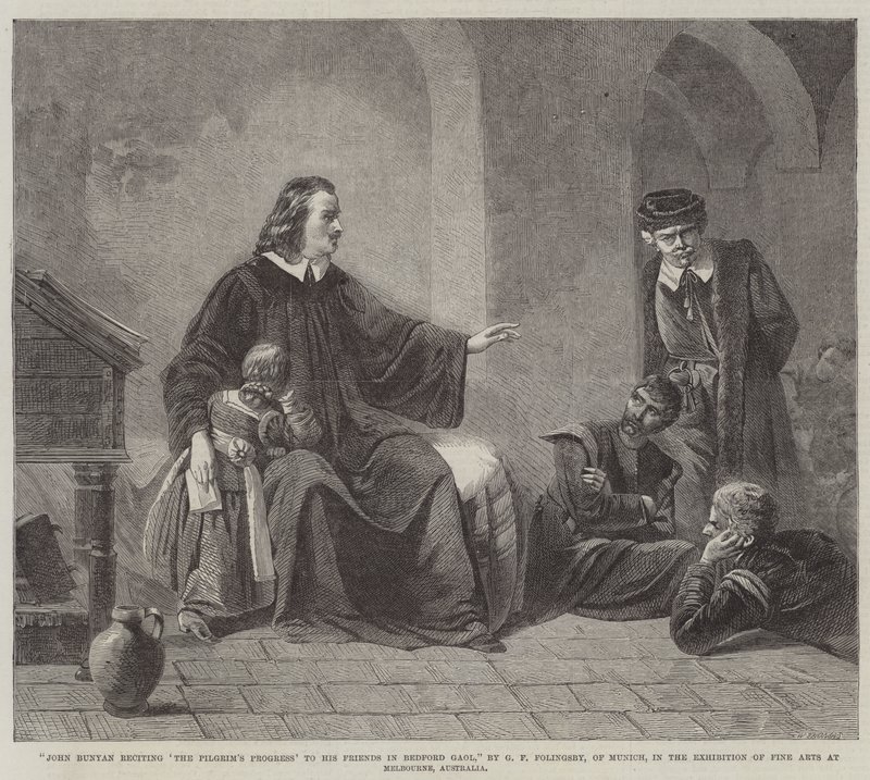 John Bunyan recituje svým přátelům v bedfordském vězení "Pokrok poutníka". od George Frederick Folingsby