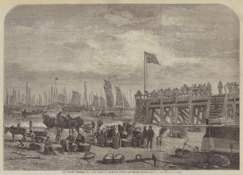 British Fisheries, č. 2, pláž v Yarmouth během sezóny sledě od George Henry Andrews