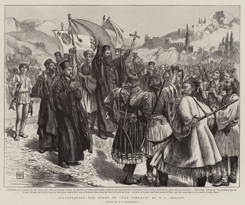 Ilustrující příběh vinobraní od E F Bensona od George Percy Jacomb Hood