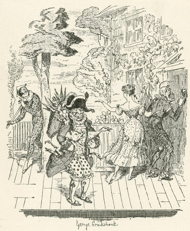 Joseph Grimaldi v Harlequinade od George Cruikshank