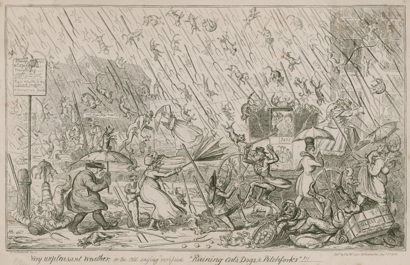 Prší kočky, psi a vidle od George Cruikshank