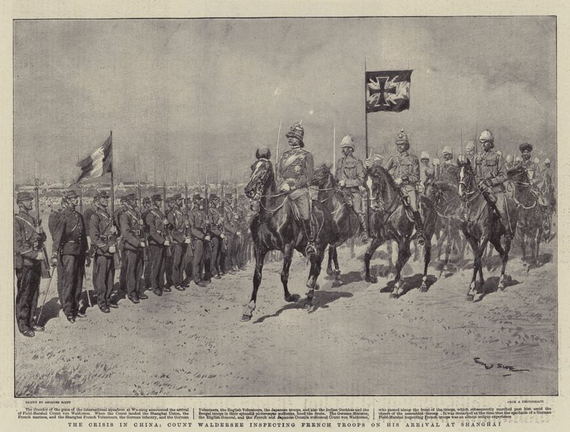 Krize v Číně, hrabě Waldersee kontroluje francouzské jednotky při příjezdu do Šanghaje od Georges Bertin Scott