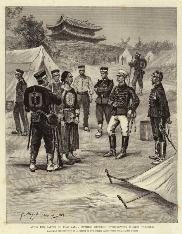Po bitvě u Ping Yang japonští důstojníci vyslýchali čínské zajatce od Georges Ferdinand Bigot