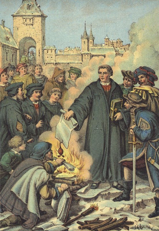 Luther zapaluje papežské buly, Wittenberg, 10. prosince 1520 od German School