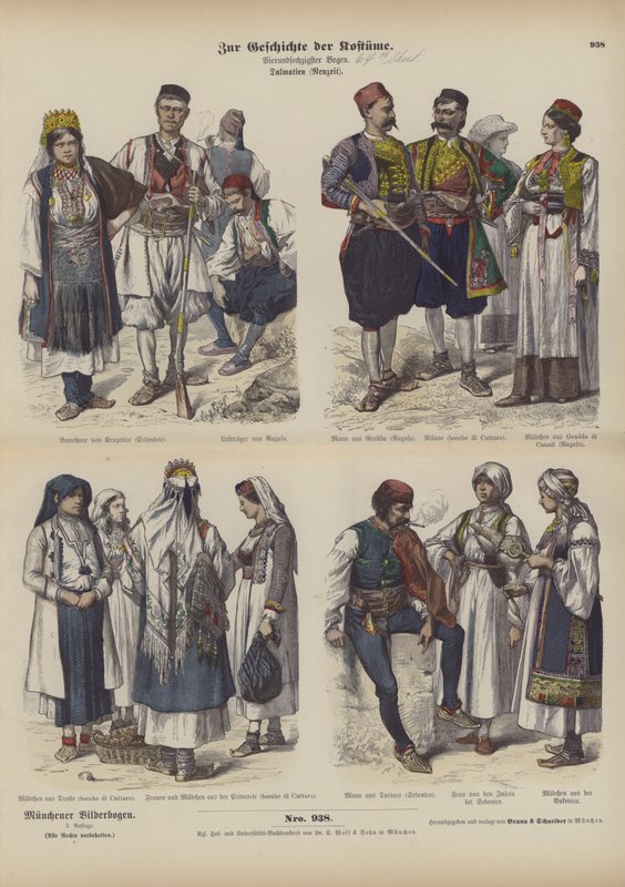 Dalmatské kroje, konec 19. století (barevná rytina) od German School