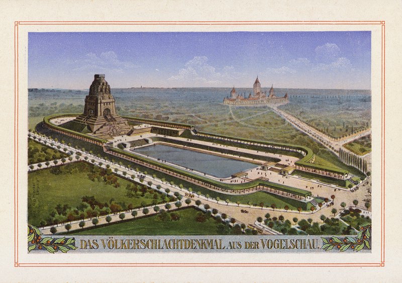 Pohled na Volkerschlachtdenkmal z ptačí perspektivy (barevná litografie) od German School