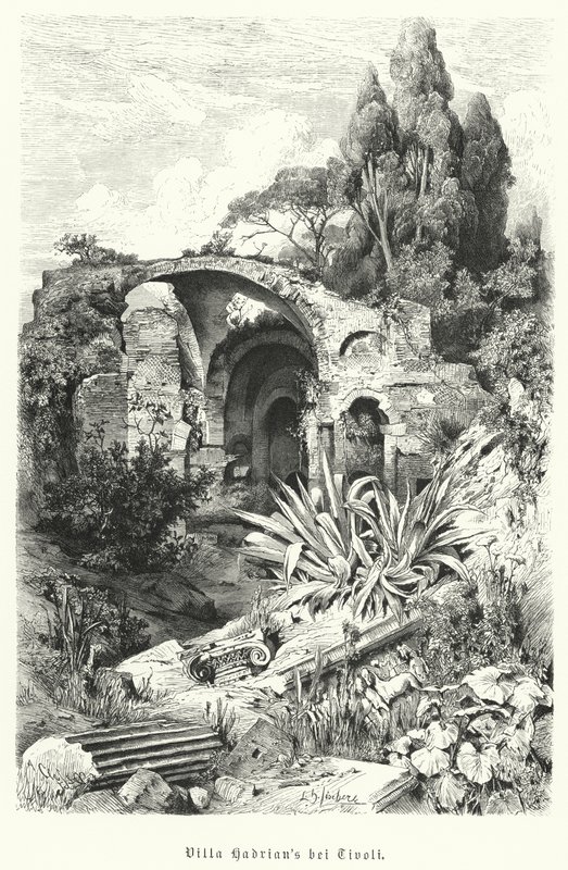 Hadriánova vila, Tivoli, Itálie (rytina) od German School