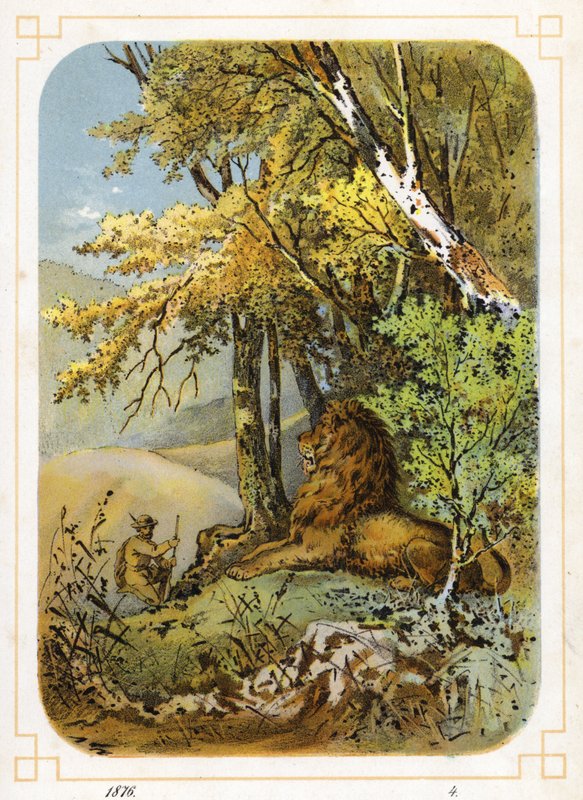 Lovec se blíží k lvu (barva litho) od German School