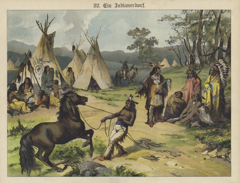 Indiánský tábor, Amerika (barva litho) od German School