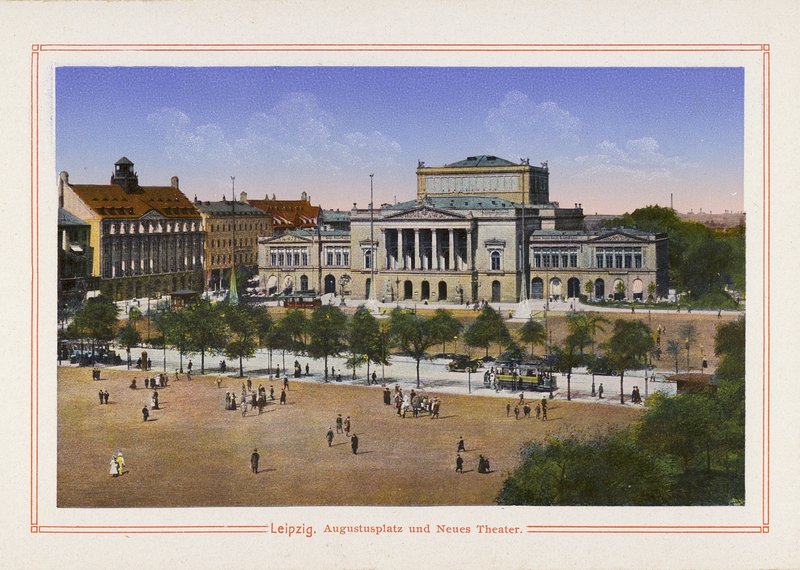 Lipsko, Augustusplatz a Neues Theater (barevná litografie) od German School