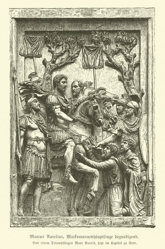 Marcus Aurelius omilostňující markomanské náčelníky (rytina) od German School