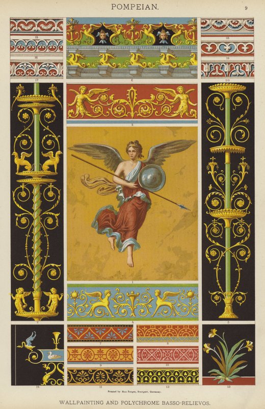 Pompejská, nástěnná malba a polychromovaný basový reliéf (barevné lito) od German School