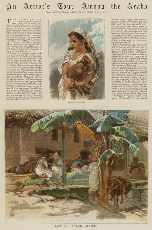 Umělcova cesta mezi Araby (barevná rytina) od Guido Bach