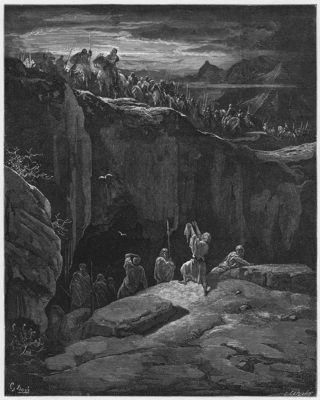 Gustave Dore Bible: David ukazuje Saulovi, že mu ušetřil život od Gustave Dore