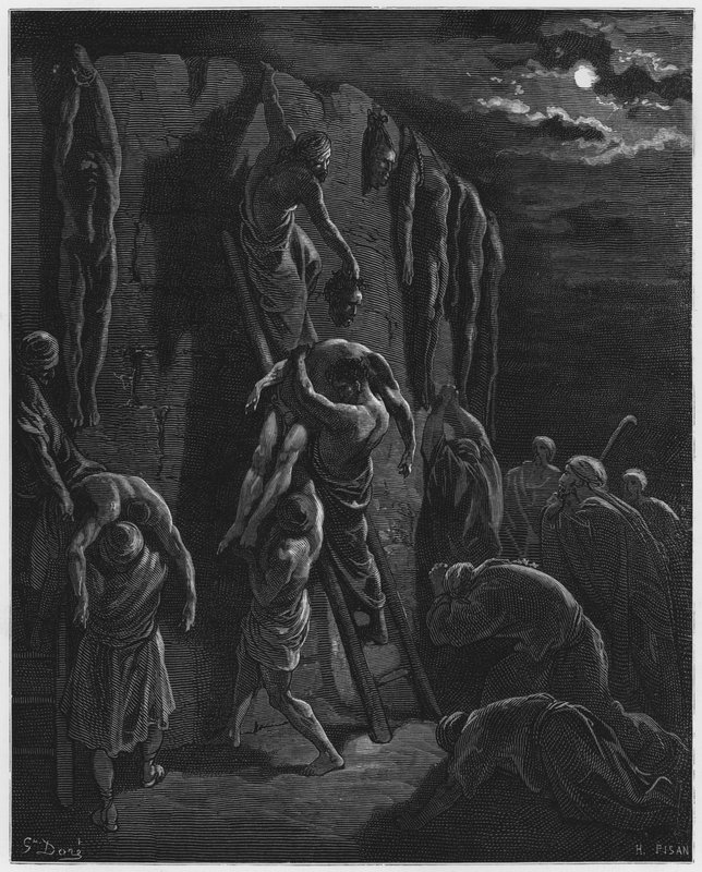 Gustave Dore Bible: Obyvatelé Jabesh-Gilead, kteří získávají těla Saula a jeho synů od Gustave Dore