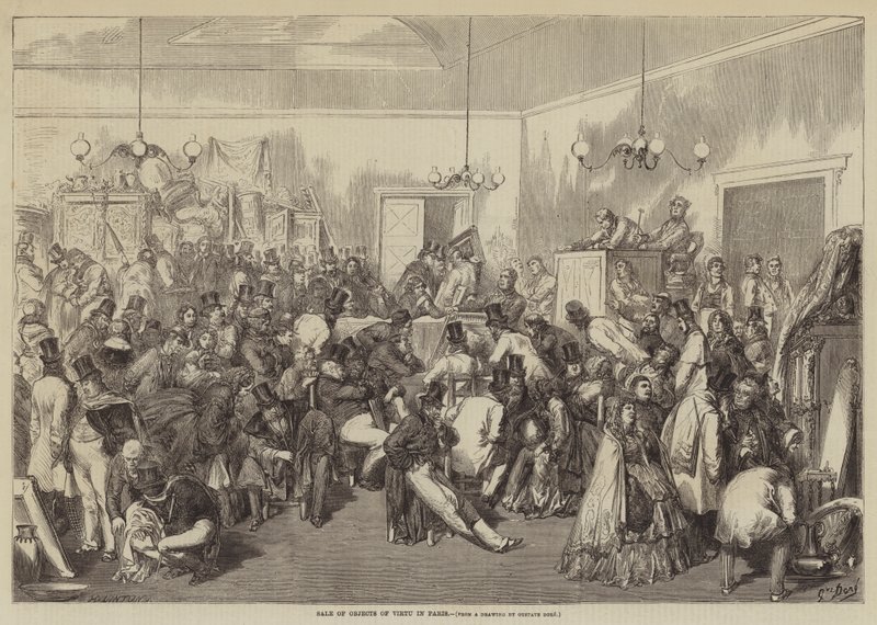 Prodej předmětů Virtu v Paříži od Gustave Dore