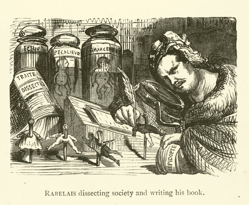 Rabelais pitvá společnost a píše svou knihu od Gustave after Dore