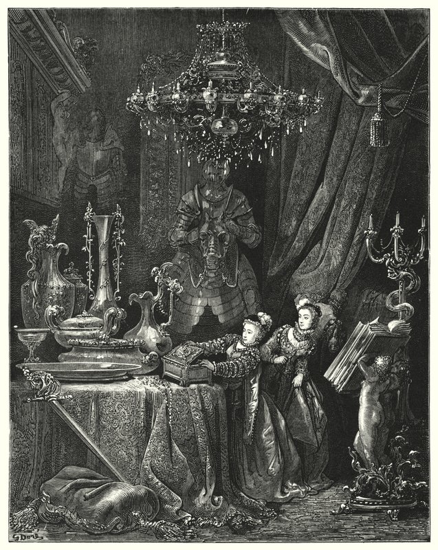Modré vousy; Blue Beard (rytina) od Gustave Dore