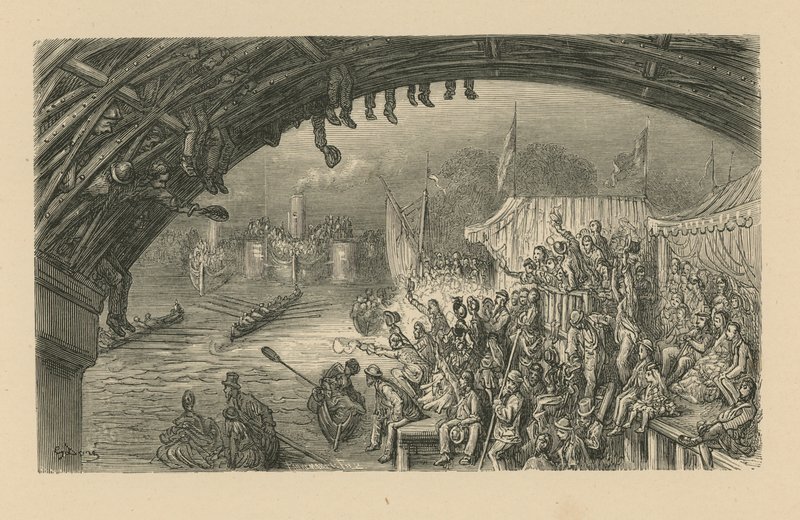 Diváci sledující závod lodí od Gustave Dore