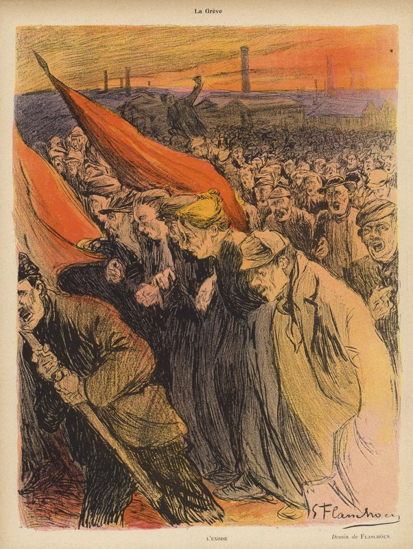 Průmyslová stávka: The Exodus, kolem roku 1902 (barevné lito) od Gustave Flasschoen