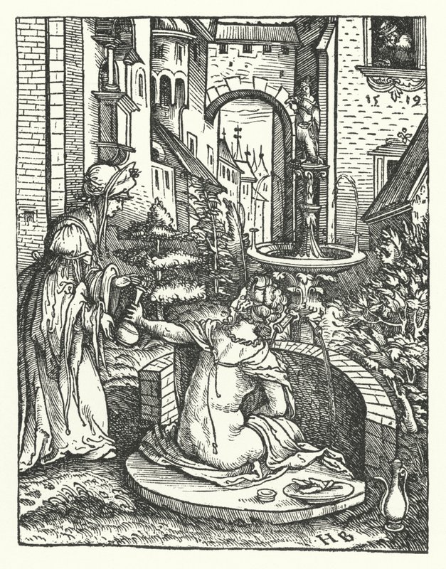Bathsheba in Her Bath (rytina) od Hans (after) Burgkmair