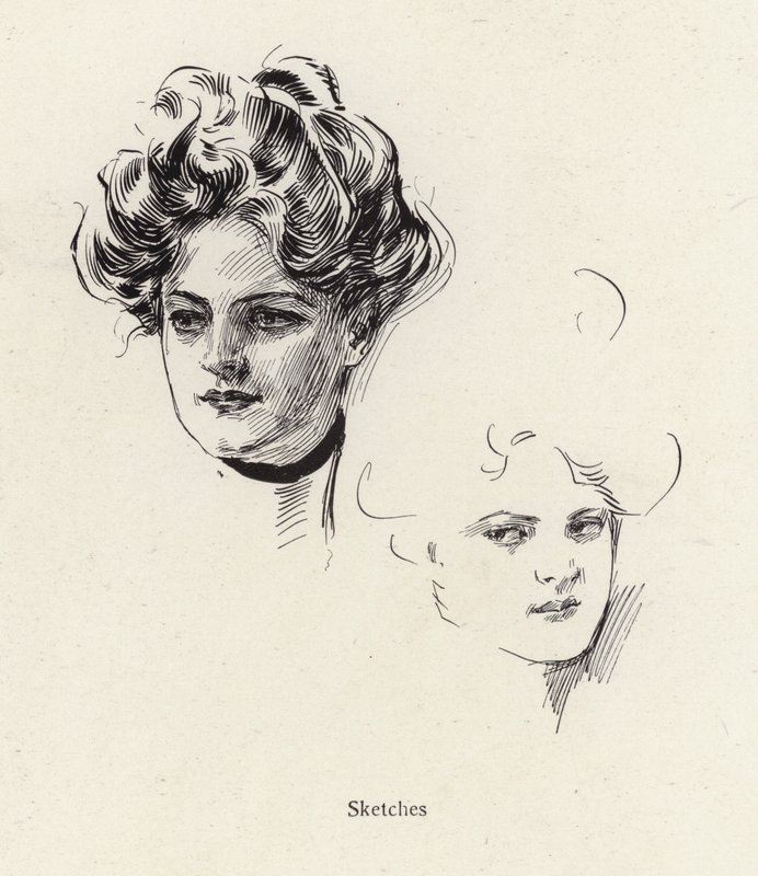 Náčrtky perem mladé ženy (litho) od Harrison Fisher