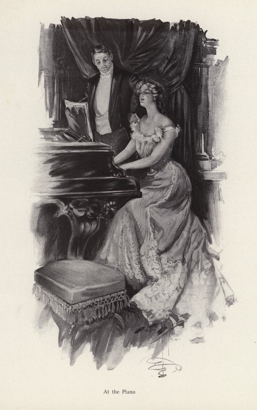 Žena zpívá u klavíru (litho) od Harrison Fisher