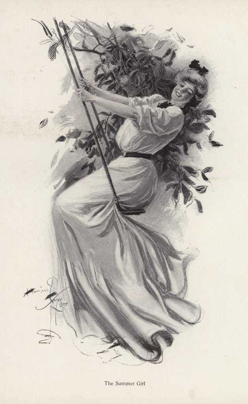 Mladá žena na houpačce (litho) od Harrison Fisher