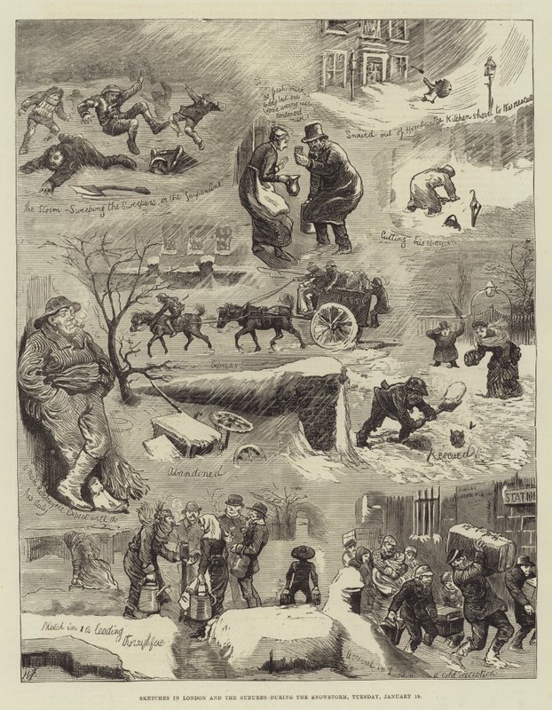 Sketches in London and the Suburbs during Snowstorm, úterý 18. ledna od Harry Furniss