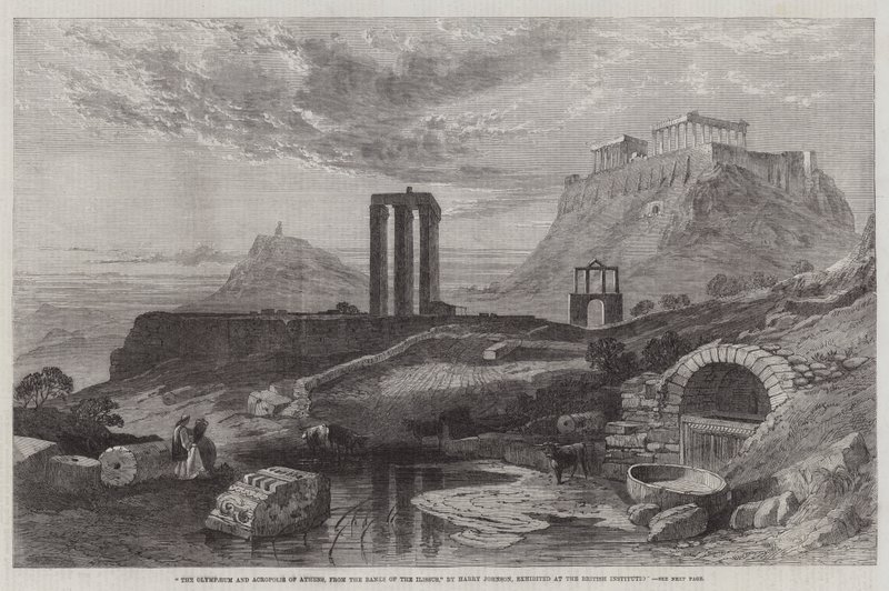 Olympaeum a Akropole v Aténách, od Banks of the Ilissus, vystavené v British Institution od Harry John Johnson