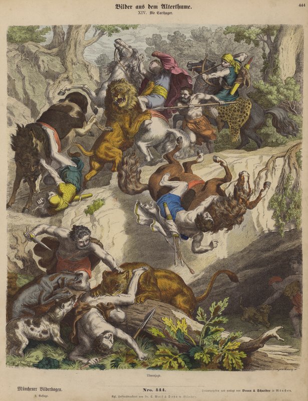 Kartaginský lov lva (barevná rytina) od Heinrich Leutemann