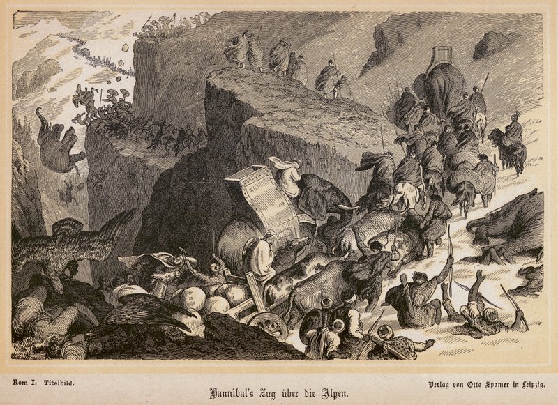 Hannibal při přechodu Alp (rytina) od Heinrich Leutemann