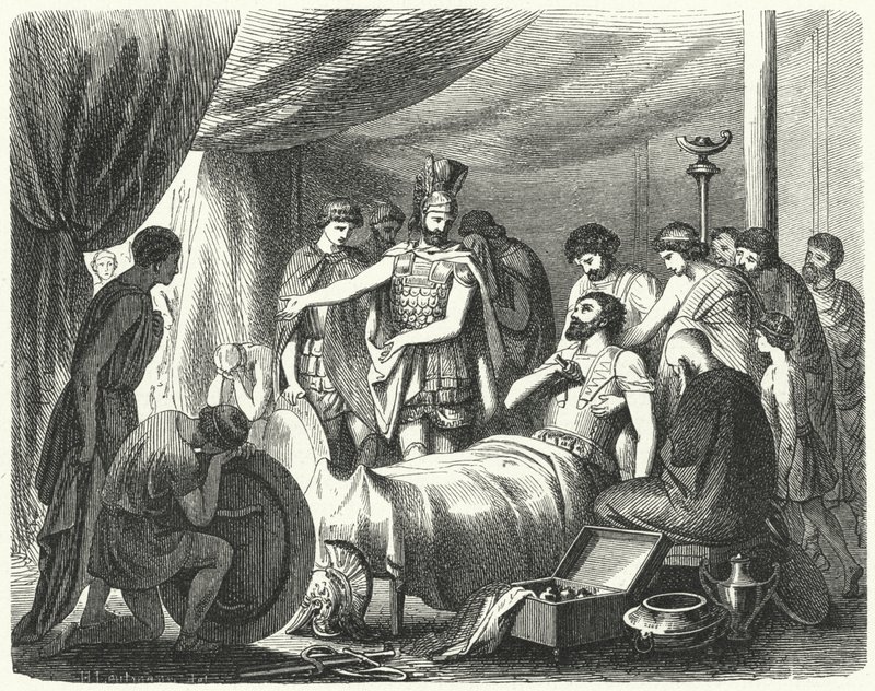 Smrt Epaminondas, 362 př.nl (rytina) od Heinrich Leutemann