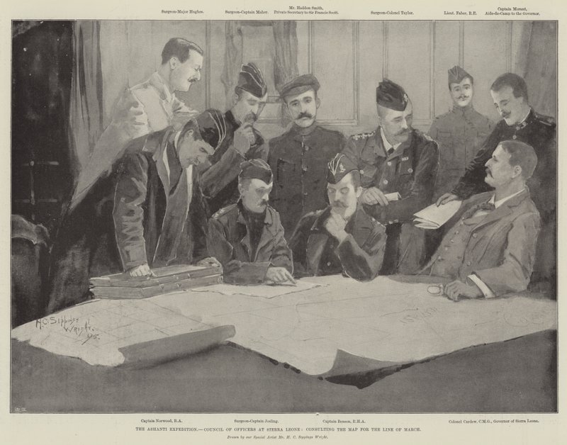 Ashanti Expedition, Rada důstojníků v Sierra Leone, konzultuje mapu pro linii března od Henry Charles Seppings Wright