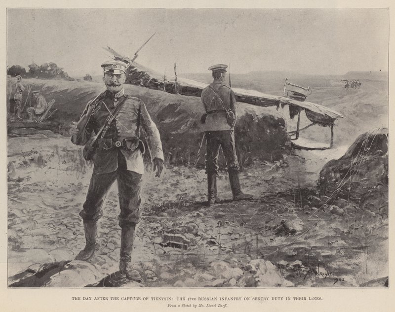 Den po dobytí Tientsinu, 12. ruské pěchoty ve strážní službě ve svých liniích od Henry Charles Seppings Wright